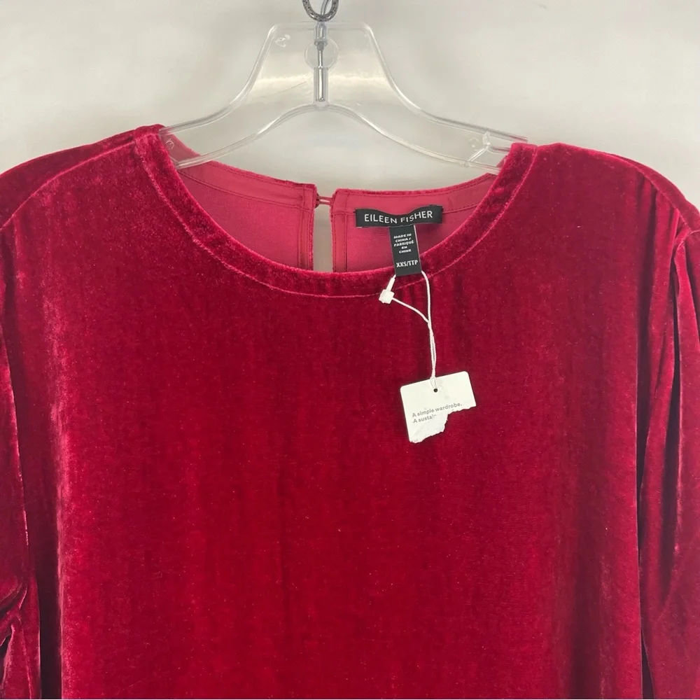 Eileen Fisher Velvet Shift Dress‎ Red Long Sleeve Keyhole Back Silk XXS NEW